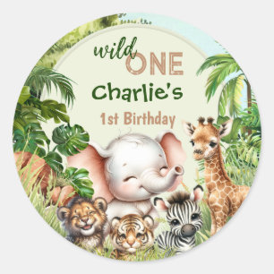 Sticker Rond Safari Jungle Cute Animaux Sauvages Un 1er Anniver