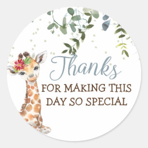 Sticker Rond Safari Jungle Giraffe Merci gris bleu