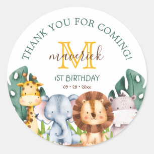 Sticker Rond Safari Jungle Vert 1er Anniversaire Fête Favoriser