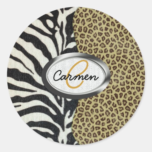 Sticker Rond Safari Leopard et Zebra Print Monogramme (Devant)