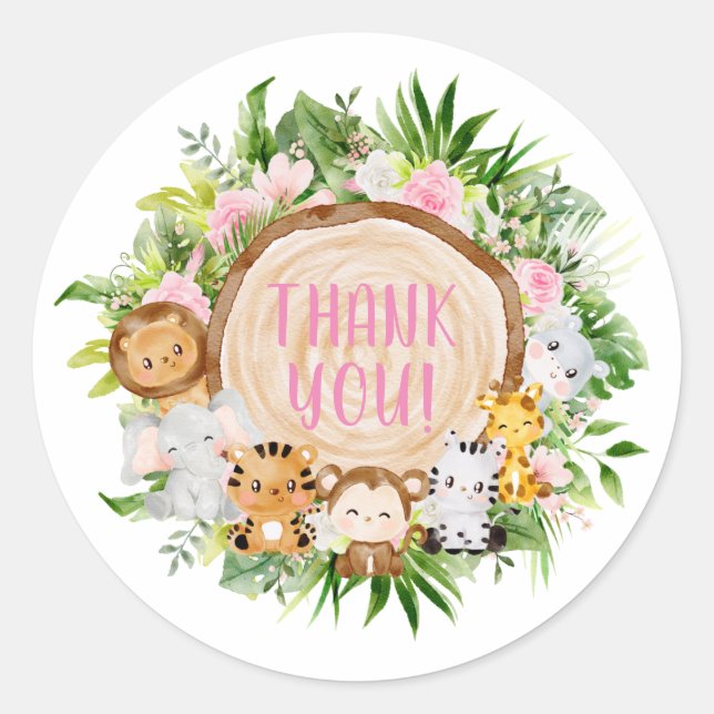 Sticker Rond Safari rose Animaux de bois Baby shower Merci (Devant)