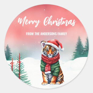 Sticker Rond Safari tigre mignon sauvage Père Noël Noël enfants