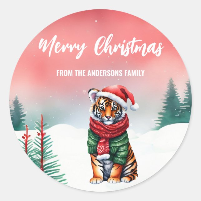 Sticker Rond Safari tigre mignon sauvage Père Noël Noël enfants (Devant)