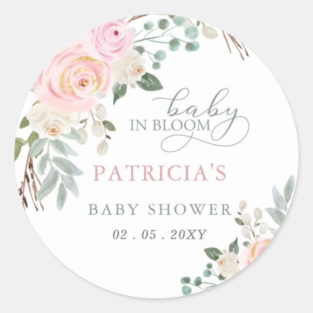 Sticker Rond Sage Baby en Fleur Rose Floral Baby shower fille (Devant)