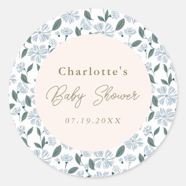 Sticker Rond Sage et Bleu Poussière Floral Baby Shower Personna (Devant)
