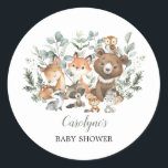 Sticker Rond Sage Green Bois Animaux Baby shower verdoyant<br><div class="desc">Cet élégant design présente une douce végétation vert sauge,  d'adorables animaux de la forêt et des lettrages modernes. Convient à la fois pour le baby shower garçon et fille / anniversaire.</div>