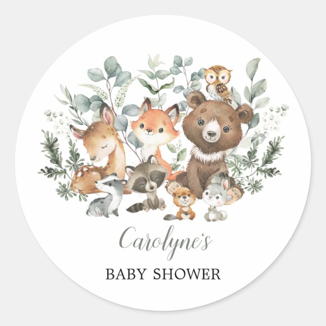 Sticker Rond Sage Green Bois Animaux Baby shower verdoyant (Devant)