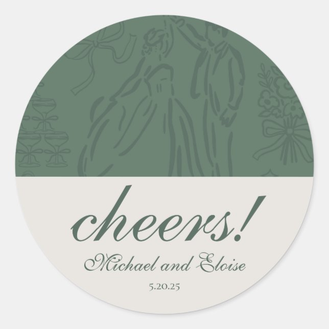 Sticker Rond Sage Green Cheers Élégant Mariage personnalisé (Devant)