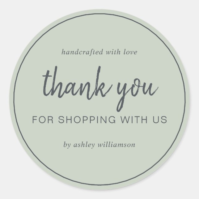Sticker Rond Sage Green Chic Script Thank You For Shopping (Devant)