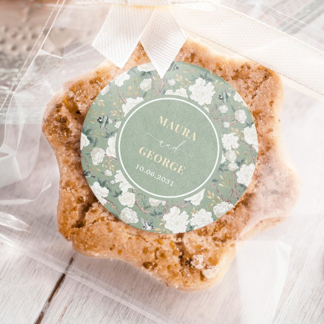 Sticker Rond Sage Green Chinoiserie Floral Birds Mariage (Créateur téléchargé)