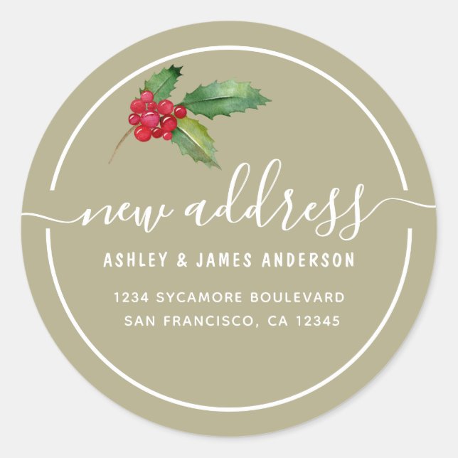 Sticker Rond Sage Green Christmas Holly New Address Seal (Devant)