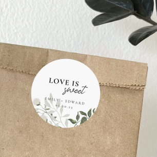 Sticker Rond Sage Green et blanc Floral L'amour est Mariage dou