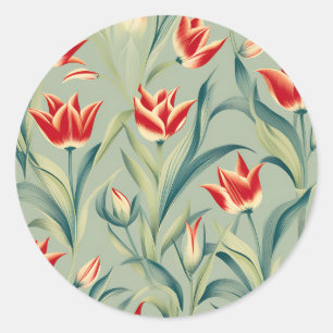 Sticker Rond Sage Green Floral Rouges Tulipes