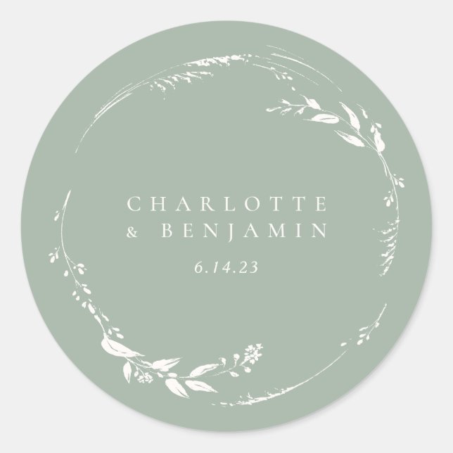 Sticker Rond Sage Green Floral Wreath Monogramme personnalisé (Devant)