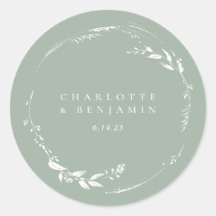 Sticker Rond Sage Green Floral Wreath Monogramme personnalisé