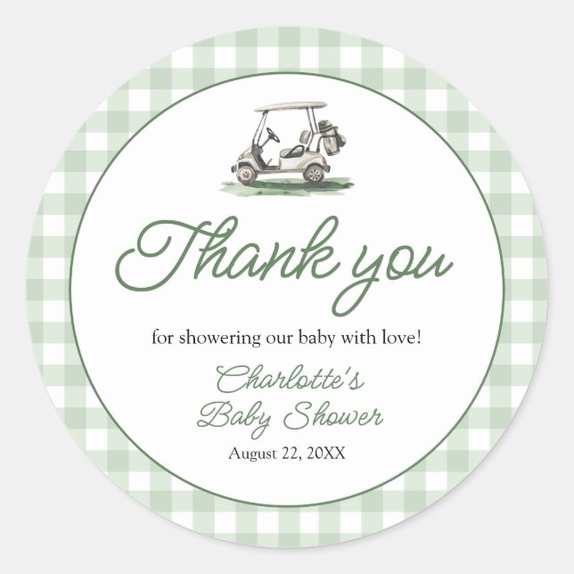 Sticker Rond Sage Green Frame Golf New to the Club Baby Shower (Devant)