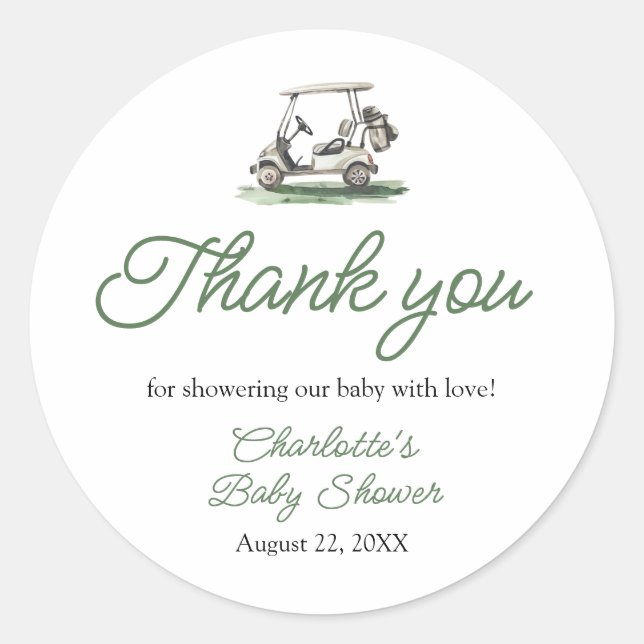Sticker Rond Sage Green Frame Golf New to the Club Baby Shower (Devant)