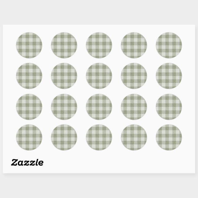 Sticker Rond Sage Green Gingham Buffalo Check Linen Texture  (Feuille)