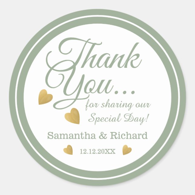 Sticker Rond Sage Green Gold Heart Mariage Merci Favor (Devant)