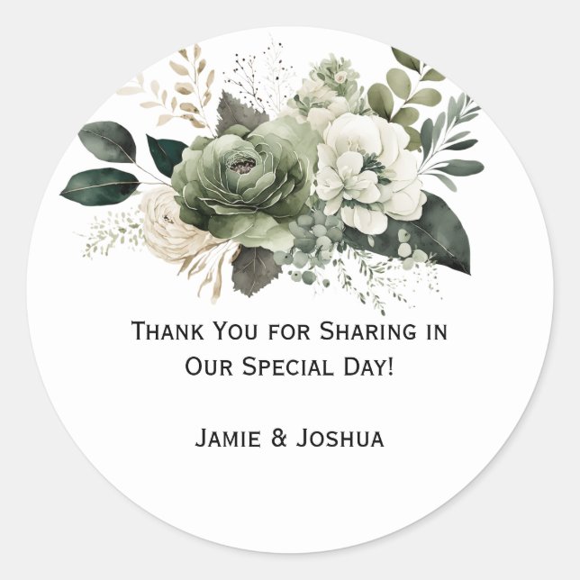 Sticker Rond Sage Green Ivory Muted Floral Wedding | (Devant)
