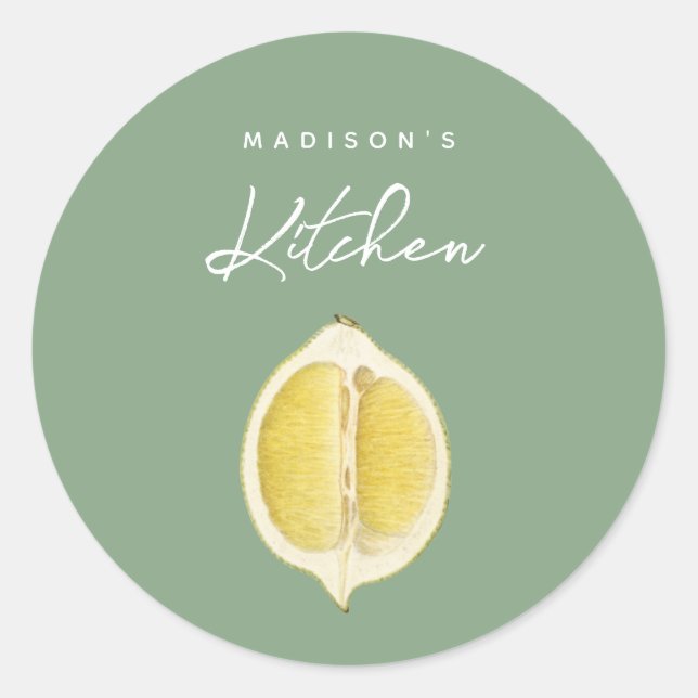Sticker Rond Sage Green & Lemon Script Cuisine Nom Personnalisé (Devant)