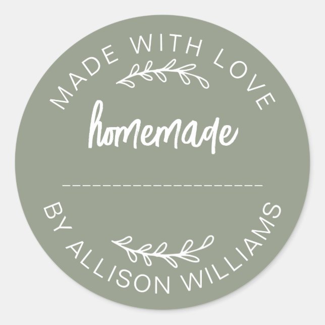 Sticker Rond Sage Green Made With Love Homemade Food Jar  (Devant)