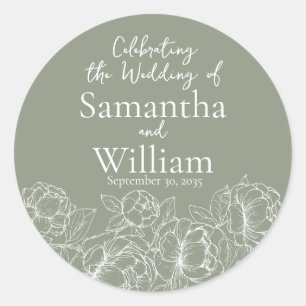 Sticker Rond Sage Green Minimaliste Moderne Boho Mariage Floral