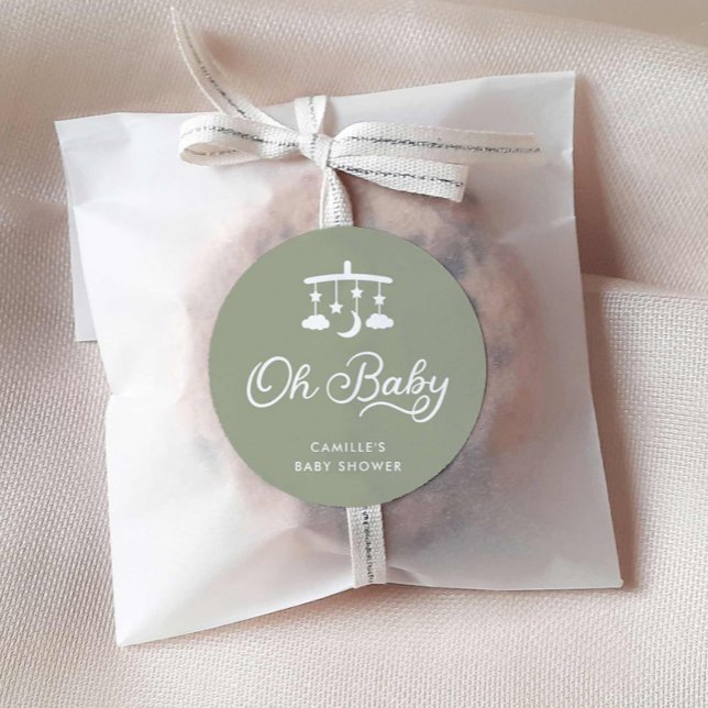 Sticker Rond Sage Green Modern Oh Baby shower (Oh Baby Sage Green Favor Round Sticker)