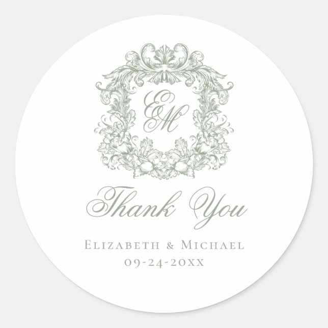 Sticker Rond Sage Green Monogram Wedding Crest Thank You (Devant)
