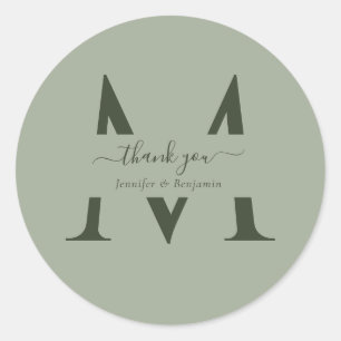 Sticker Rond Sage Green Monogramme Mariage Favoriser Merci