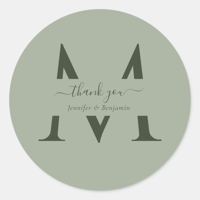 Sticker Rond Sage Green Monogramme Mariage Favoriser Merci (Devant)