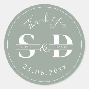 Sticker Rond Sage Green Monogramme Merci Faveurs de mariage