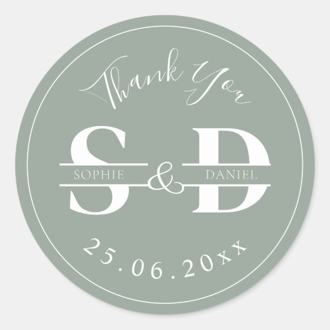 Sticker Rond Sage Green Monogramme Merci Faveurs de mariage (Devant)