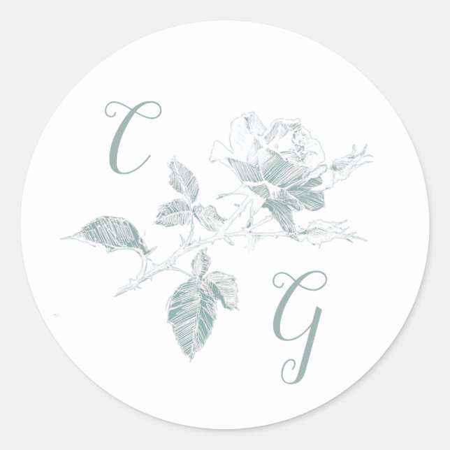 Sticker Rond Sage Green Rose Line Art Monogram Wedding (Devant)