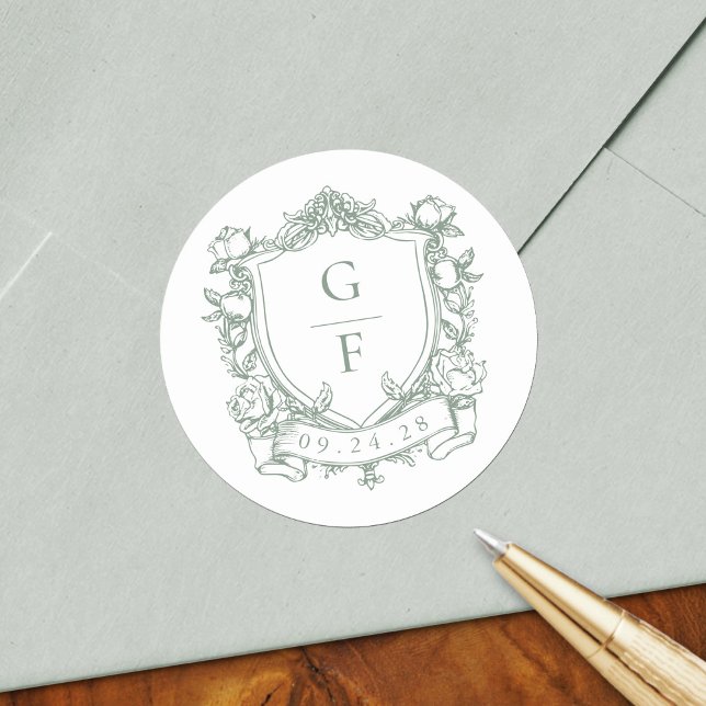 Sticker Rond Sage Green Roses français Monogram Crest Mariage (Créateur téléchargé)