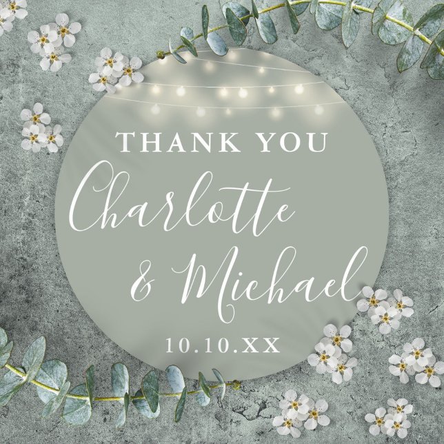 Sticker Rond Sage Green String Lights Mariage Faveur Merci (Sage Green String Lights Wedding Favor Thank You Classic Round Sticker)