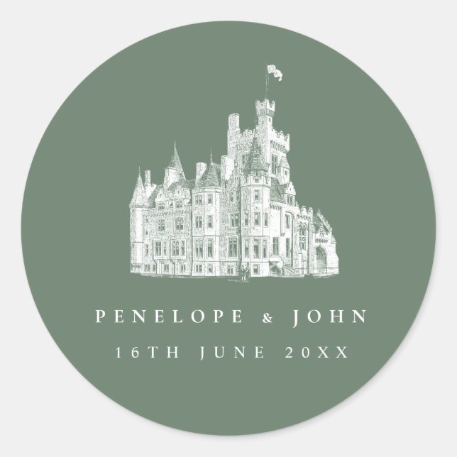 Sticker Rond Sage Green Vintage Castle Destination Wedding (Devant)