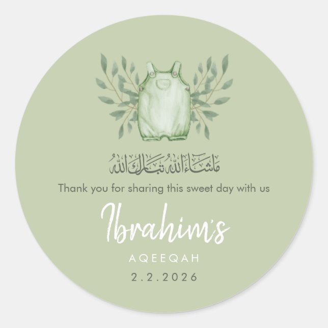 Sticker Rond Sage Green Watercolor Baby Boy Aqeeqah (Devant)