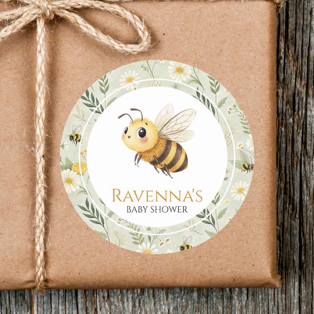 Sticker Rond Sage Green Wildflower Bee Custom Name Baby Shower (Créateur téléchargé)