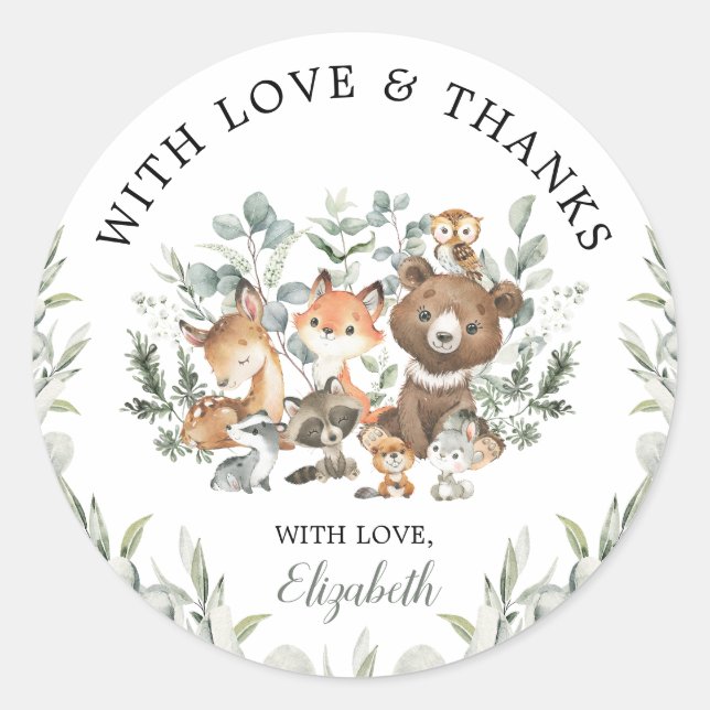 Sticker Rond Sage Green Woodland Animaux Eucalyptus Merci (Devant)