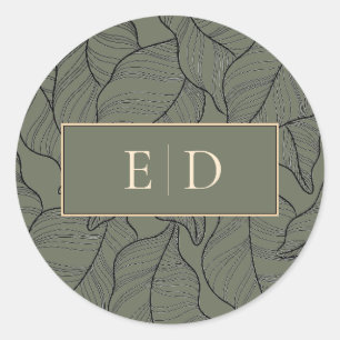 Sticker Rond Sage Monogramme Élégant Feuille Line Art Classy