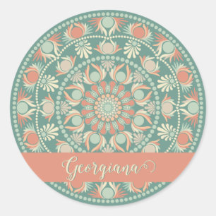 Sticker Rond Sage rétro et Mandala de sable personnalisé