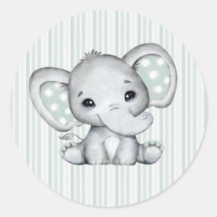 Sticker Rond Sage Vert Aquarelle Eléphant Baby shower neutre