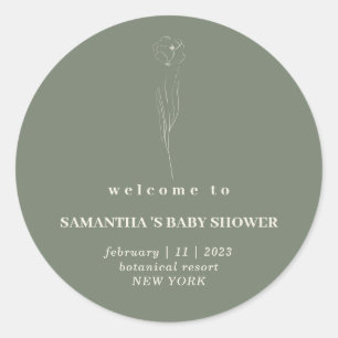 Sticker Rond Sage vert beige Fleur Bienvenue shower de bébé