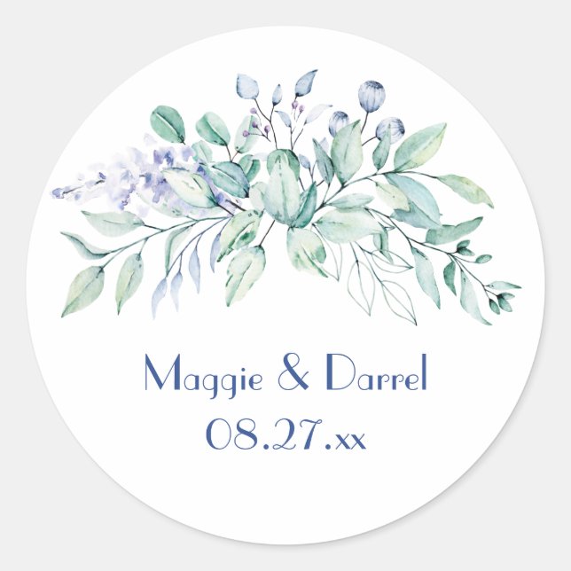 Sticker Rond Sage Vert & Bleu Vert Mariage Monogramme (Devant)
