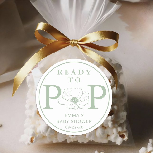 Sticker Rond Sage Vert Fleurs Sauvages Prêtes à Éclore Baby Sho (Ready To Pop - Sage Green Baby Shower Sticker)