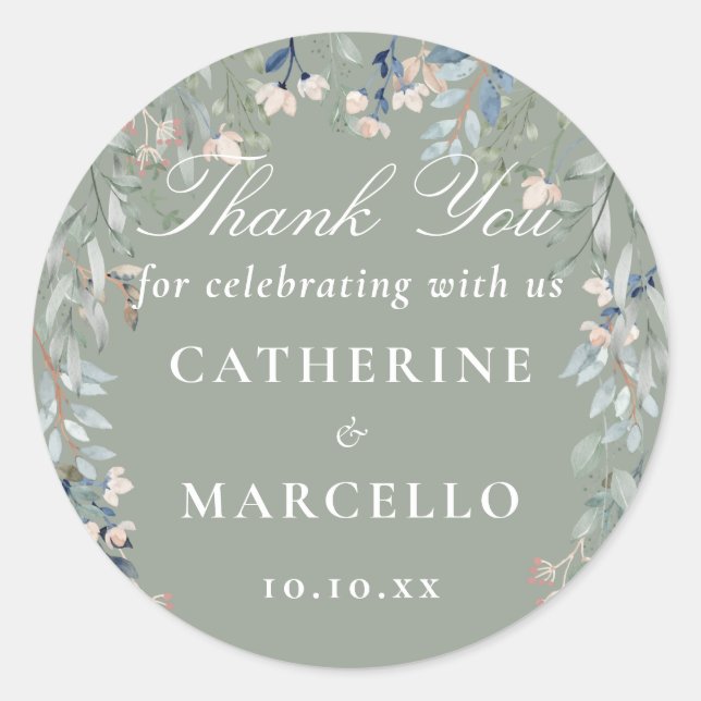 Sticker Rond Sage Vert Floral Mariage Favoriser Merci (Devant)