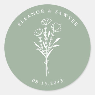 Sticker Rond Sage Vert minimaliste Bouquet Floral Mariage