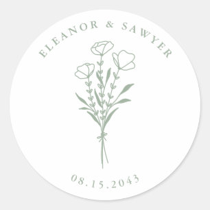 Sticker Rond Sage Vert minimaliste Bouquet Floral Mariage