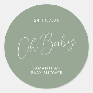 Sticker Rond Sage Vert Minimaliste Script Oh Baby Shower
